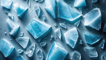 Aufkleber - Broken blue ice scattered on a textured wallpaper background.