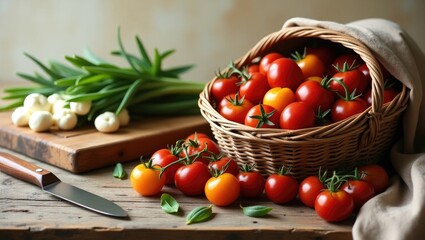 Poster - Cherry tomatoes are placed in a basket on a rustic wooden table. Vegetables for salad preparation.