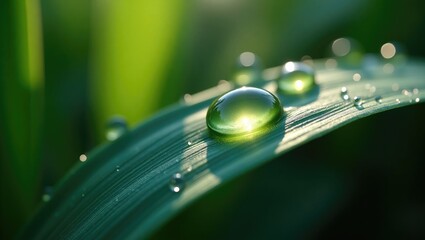 Poster - Beautiful macro image of naturally illuminated water droplets on the surface of a leaf or grass stem, symbolizing fragility and purity in nature.