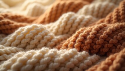 Poster - Cozy background with knitted texture. Beige knitted fabric and knitted wallpaper. Soft material detail in knitwear. Woolen cloth.