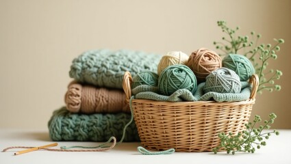 Poster - Colorful yarn threads in a basket for knitting cozy garments with knitting needles and completed yarn creations, knitting hobby.