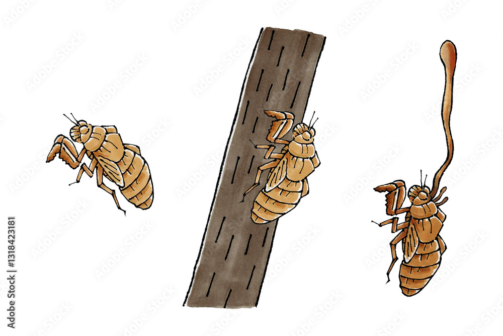 セミの抜け殻と冬虫夏草(セミタケ) の Stock イラスト | Adobe Stock