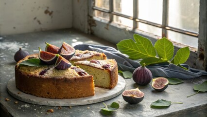 Poster - A Freshly Baked Fig Cake with a Rustic Charm and a Slice Cut Out, Ready to Be Enjoyed