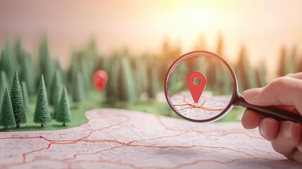Poster - A hand holding a magnifying glass over a map with a red location pin marking a specific spot, highlighting the process of route planning and exploration.