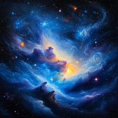 vibrant cosmic scene with swirling blue and orange nebulae
