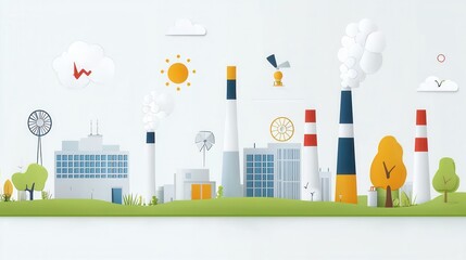 Poster - a colorful and minimalist flat depicting an eco friendly urban landscape with various renewable ener