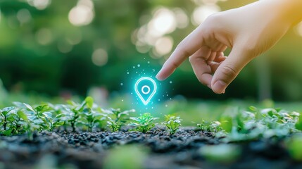 Poster - A hand reaching out to touch a 3D location pin hovering in mid air, symbolizing the ease and accessibility of finding locations and information through digital maps and navigation apps.