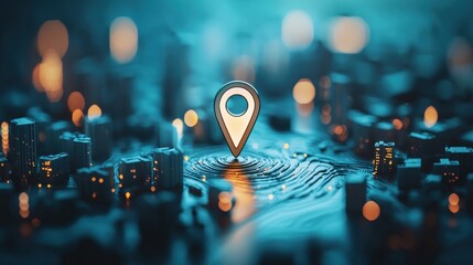 Poster - A map pin icon with a stylized office building silhouette inside, often used to mark the location of corporate headquarters, business centers, or government offices on a map.