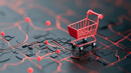 Poster - A map pin icon with a shopping cart symbol inside, representing the location of shopping malls, retail stores, or commercial districts on a map, aiding users in finding shopping destinations.