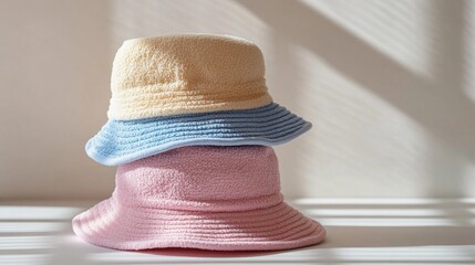 Poster - Two charming bucket hats, one yellow and blue, the other pink, are playfully stacked atop each other, casting delicate shadows on the sunlit table below, creating a cozy ambiance