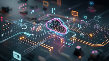 Poster - a cyber futuristic digital depicting an advanced cloud computing and networking system showcasing a 
