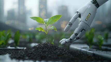 Poster - robotic hands gently tending to a small plant seedling symbolizing the harmonious of technology and 