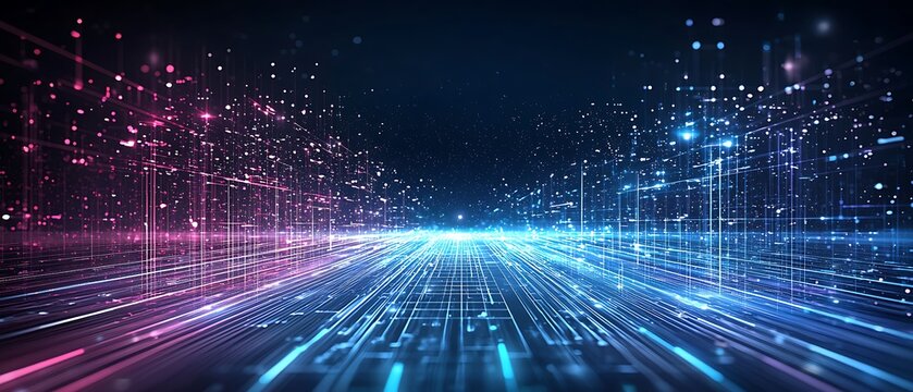 Dynamic light trails digital realm abstract art virtual landscape frontal view technological concept