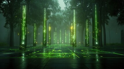 Poster - A surreal and futuristic forest landscape with towering glowing trees and luminous energy beams creating a dreamlike enchanting and otherworldly atmosphere