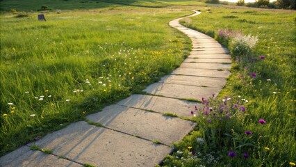Poster - A winding stone path through a field of wildflowers, bathed in the warm glow of the setting sun.