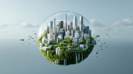 Poster - a futuristic fantastical floating city sphere showcasing a sustainable eco friendly metropolis with 