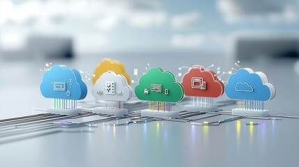 Poster - A futuristic 3D rendered digital concept showcasing a multi cloud data storage and computing network