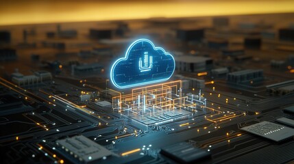 Fototapete - A futuristic and conceptual digital depicting a modern cityscape with a towering cloud shaped data center and a network of glowing digital infrastructure representing the future of cloud computing