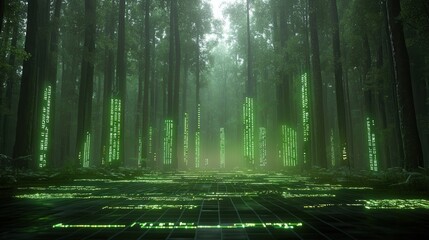 Poster - A futuristic and ethereal cybernetic forest where nature and technology merge creating a captivating digital landscape with a luminous dreamlike atmosphere