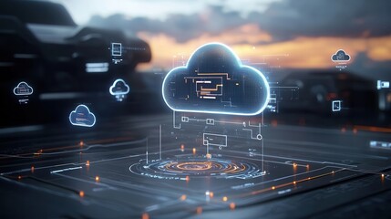 Poster - futuristic digital depicting a glowing cloud computing technology with various digital icons and ele