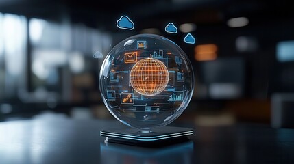 Poster - Futuristic high tech crystal ball with a transparent holographic display showcasing data information and visualizations for analysis prediction and decision making in a digital innovative