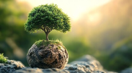 Poster - A vibrant green tree stands tall atop a rugged stone, its roots embedded in moss, bathed in warm sunlight. Nature's resilience is evident in this tranquil moment of growth and serenity