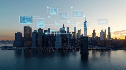 Poster - dramatic futuristic sunset skyline of a modern high tech cityscape with towering skyscrapers and ref