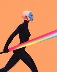 Poster - Abstract figure with a colorful beam, futuristic woman in motion, vibrant, eye-catching, modern style