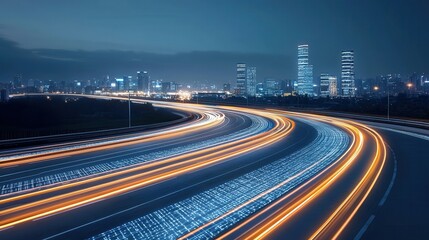 Poster - Breathtaking night skyline of a high tech cyber futuristic city with towering skyscrapers illuminated by a dazzling display of glowing lights and blurred traffic trails on the highways below