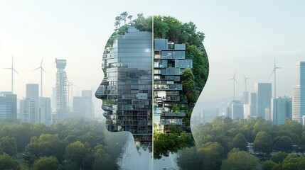 Poster - A mesmerizing digital painting depicting a surreal fusion of a human face and natural landscapes intertwined with a modern urban skyline
