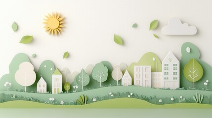 Poster - Enchanting Eco Conscious Paper Cut Style Landscape with Charming Village Lush Nature and Tranquil Atmosphere  A minimalist abstract and visually striking design perfect for nature inspired projects
