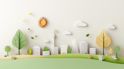 Poster - A mesmerizing eco conscious paper cut style depicting a futuristic sustainable city landscape with modern architectural buildings lush greenery and a serene peaceful atmosphere