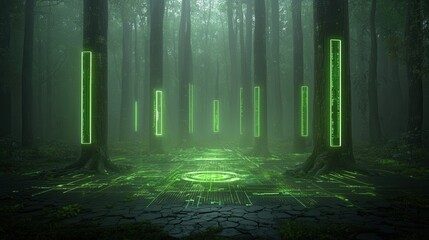Poster - Mystical and otherworldly digital artwork portraying a glowing forest landscape with mist fog and ethereal illumination  The scene has a dreamlike surreal and captivating atmosphere