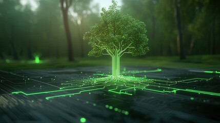 Poster - A mystical and otherworldly digital artwork portraying a fantastical tree that symbolizes the harmonious of nature and advanced technology