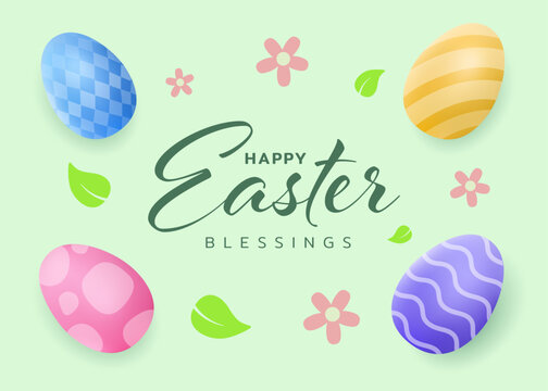 Illustration of Easter Egg Greeting Card with Happy Easter Calligraphy Featuring Colorful Seasonal Ornament and Springtime Flowers perfect for Invitation Poster and Festive Celebration Postcard Design