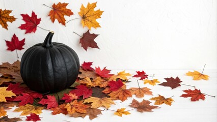 Poster - A Single Black Pumpkin Rests Among a Scattering of Vibrant Autumn Leaves on a White Background