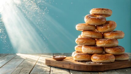 Poster - A Tower of Glazed Doughnuts on a Wooden Cutting Board, Bathed in Sunlight, with a Bowl of Powdered Sugar Beside It