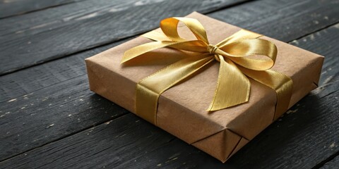 Poster - A Gift Wrapped In Brown Paper With A Gold Ribbon On A Rustic Wooden Surface