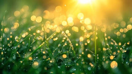 Poster - Morning light bathes the grass, highlighting the droplets of dew that glisten like tiny jewels. Nature awakens with vibrant hues, inviting peaceful reflection in the fresh air