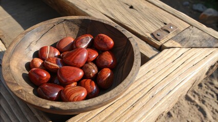 Fototapete - A collection of smooth, polished red stones with intricate patterns nestled in a weathered wooden bowl on a rustic wooden surface.