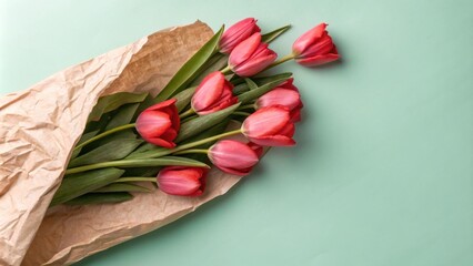 Poster - A bouquet of vibrant red tulips peeking out from a crumpled brown paper bag, creating a captivating contrast against the soft, mint green background.