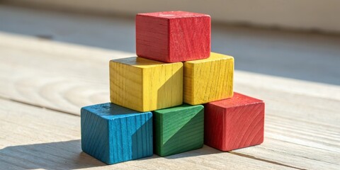 Poster - A pyramid-shaped arrangement of six wooden blocks, painted in vibrant primary colors, rests on a light wood surface, bathed in warm sunlight.