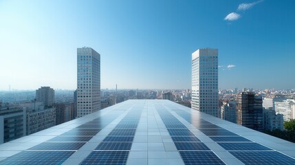 Poster - an aerial view showcasing a modern high rise building with a rooftop covered in solar panels harness