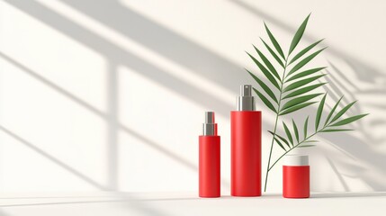 Poster - Vibrant red cosmetic containers arranged aesthetically with green palm leaves and soft shadows