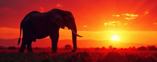 silhouette of giant red elephant against sunset, wild, sun, wildlife