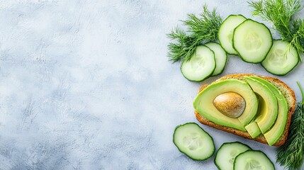 Poster - Fresh Avocado Toast with Cucumber Slices and Dill for Healthy Breakfast