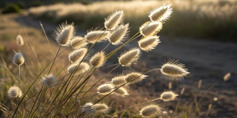 Aufkleber - Soft White Grass Seeds Bathed in Warm Golden Light, Gently Swaying in a Summer Breeze