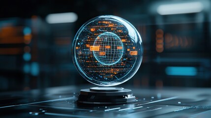 Poster - A stunning futuristic concept featuring a sleek holographic globe displaying complex digital data and intelligence  The image presents a vision of advanced technology innovation