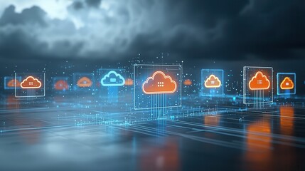 Poster - Stunning high tech digital depicting a luminous cloud data network and storm in a futuristic digital landscape  The image showcases the power and complexity of modern digital infrastructure