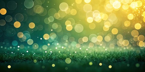 Fototapete - A Soft and Dreamy Field of Green Grass with a Blurred Background of Warm Golden and Yellow Lights